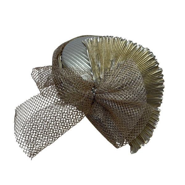 Vintage Style Gold Mesh & Pleated Fascinator Hat With Netting & Metallic Details