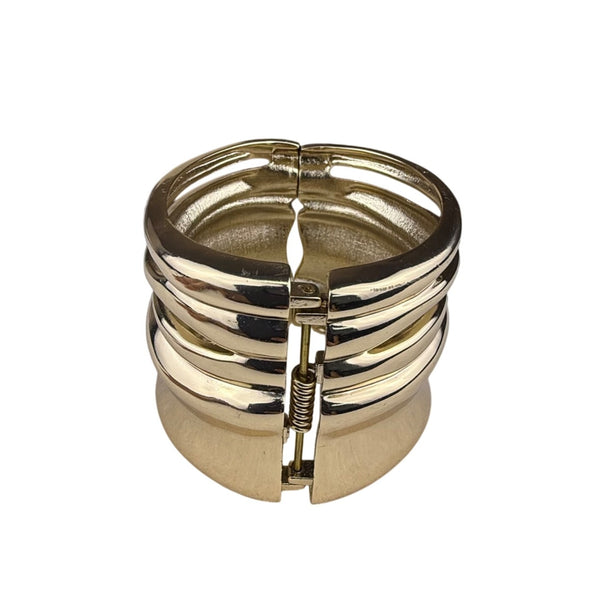 Chicos Gold Tone Textured Statement Hinge Cuff Bracelet Womens Designer Fashion Accessory