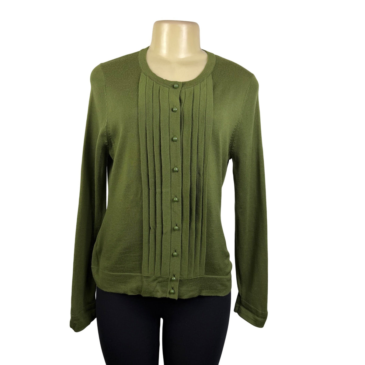 Talbots Womens Olive Green Merino Cardigan Sweater Pure Wool Button Front Size M