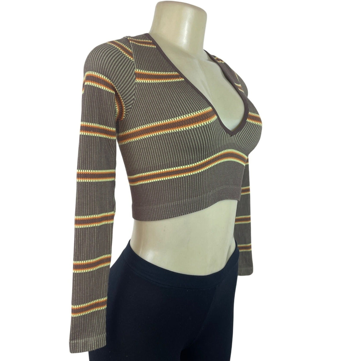 Urban Outfitters Women's Tan Striped & Ribbed Knit Long Sleeve Crop Top Sz XS