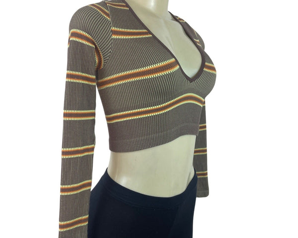 Urban Outfitters Women's Tan Striped & Ribbed Knit Long Sleeve Crop Top Sz XS
