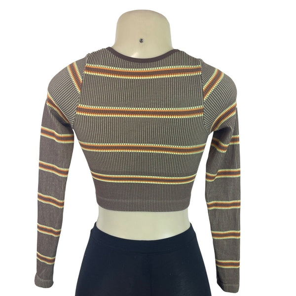 Urban Outfitters Women's Tan Striped & Ribbed Knit Long Sleeve Crop Top Sz XS