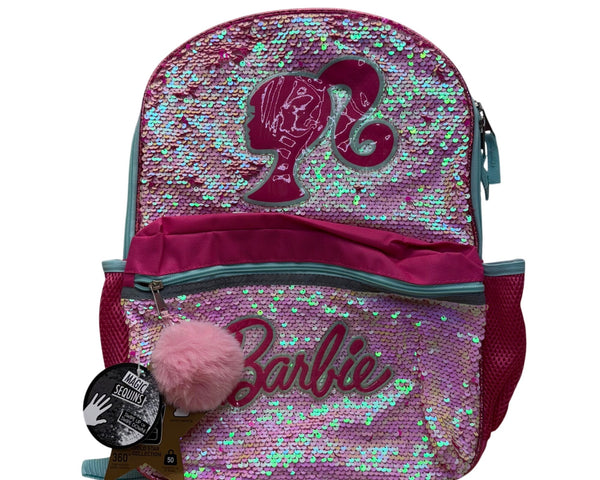 Barbie Girls Pink Sequin School Backpack Adjustable Strap Lightweight With Pompom