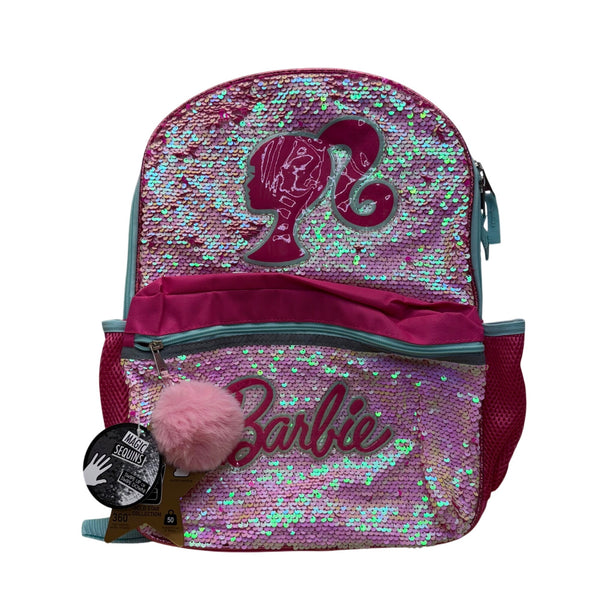 Barbie Girls Pink Sequin School Backpack Adjustable Strap Lightweight With Pompom
