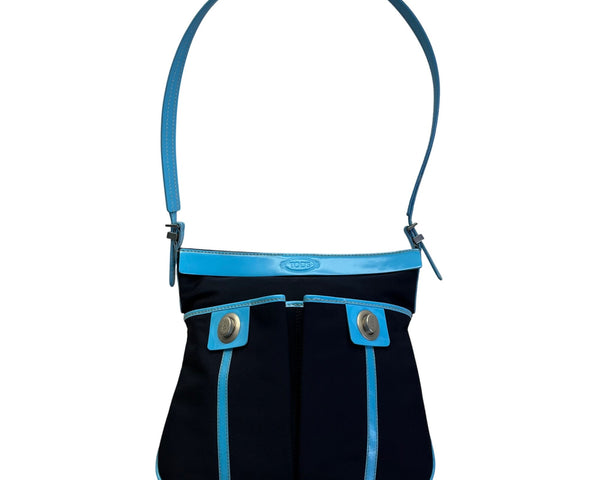 Tod’s Black & Blue Nylon Leather Trim With Silver Turn Lock Crossbody Bag