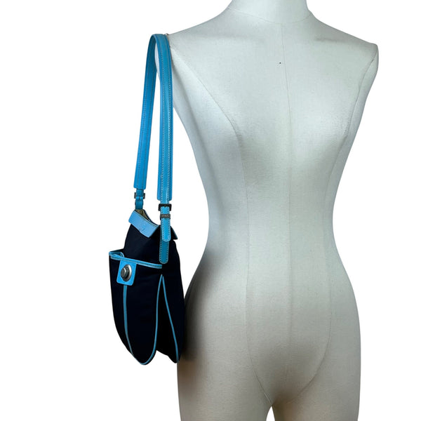 Tod’s Black & Blue Nylon Leather Trim With Silver Turn Lock Crossbody Bag