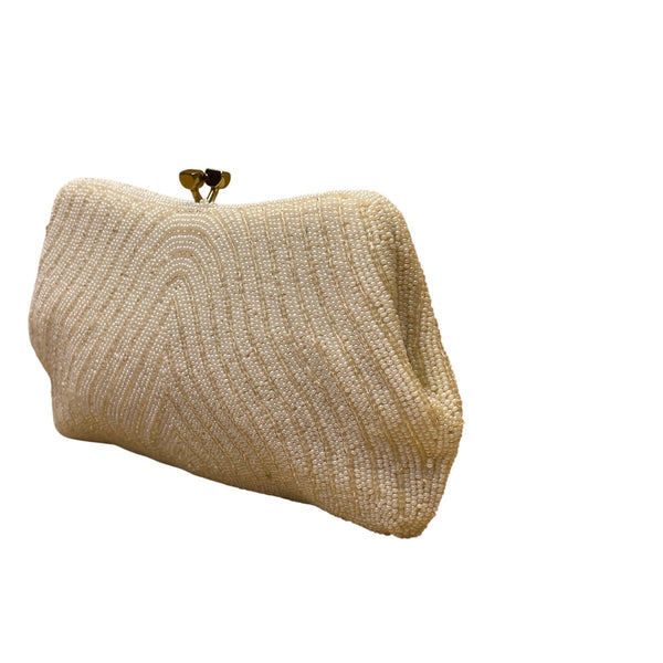 Vintage Women’s Ivory Beaded Made in Japan Kiss Lock Evening Clutch