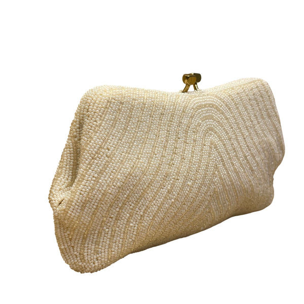 Vintage Women’s Ivory Beaded Made in Japan Kiss Lock Evening Clutch