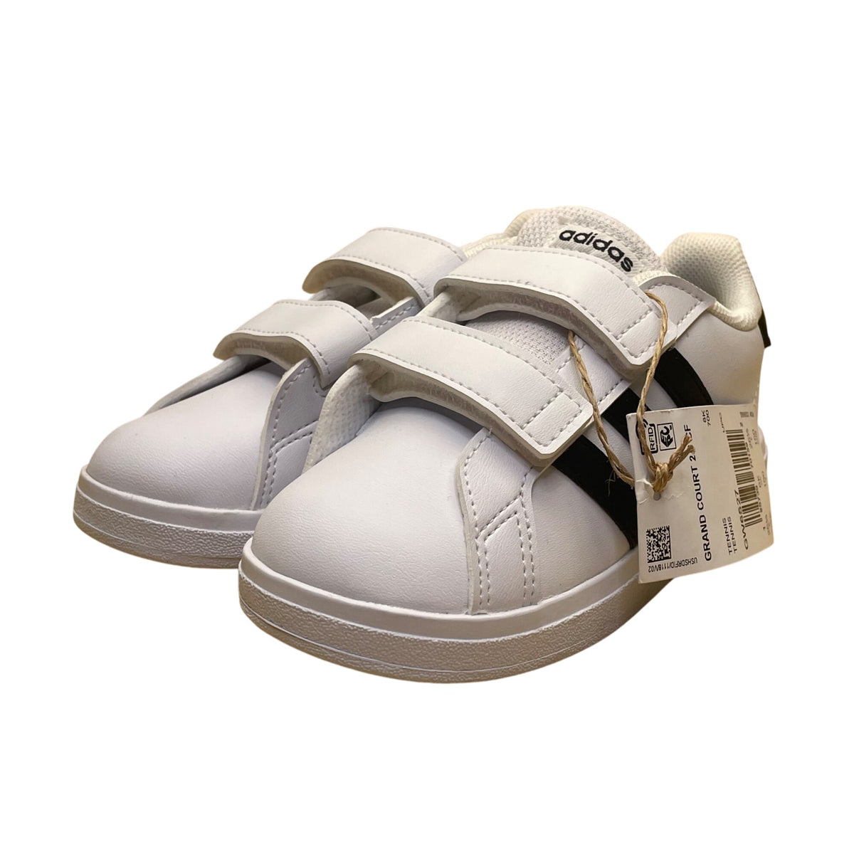 Adidas Kids White/Black Synthetic Adhesive Grand Court 2.0 CF Sneakers Size 8.5K