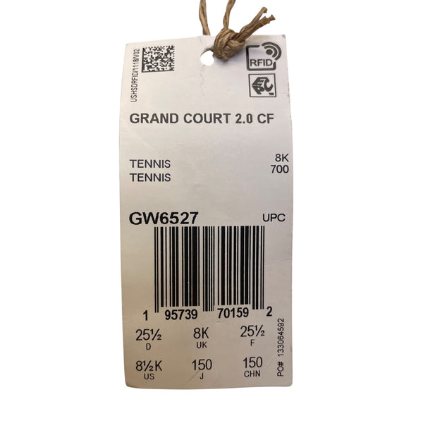 Adidas Kids White/Black Synthetic Adhesive Grand Court 2.0 CF Sneakers Size 8.5K