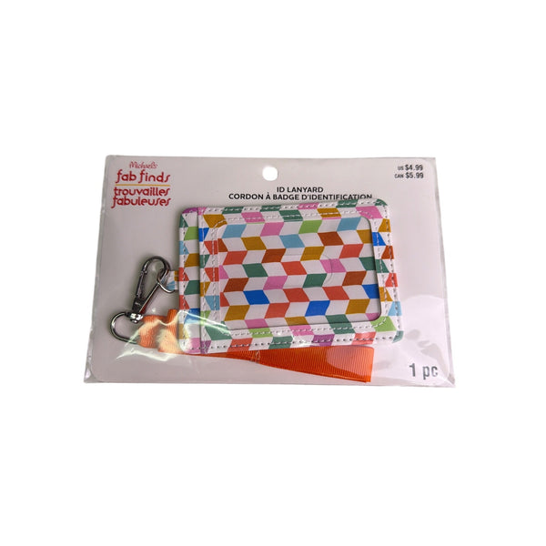 Michaels ID Badge Holder Multicolor Vinyl Lanyard With Geometric Pattern & Orange Strap