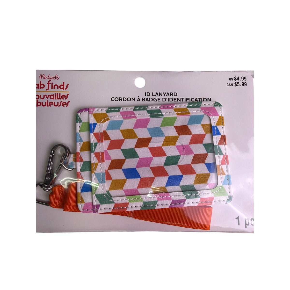 Michaels ID Badge Holder Multicolor Vinyl Lanyard With Geometric Pattern & Orange Strap