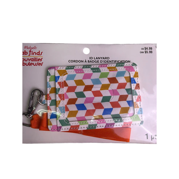 Michaels ID Badge Holder Multicolor Vinyl Lanyard With Geometric Pattern & Orange Strap