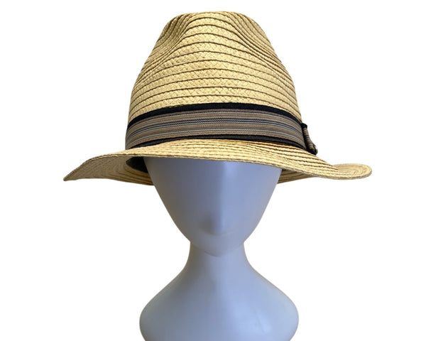 Mens Dorfman Pacific Co. Straw Fedora Hat With Black & Beige Striped Band