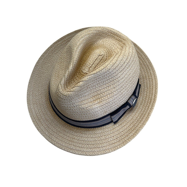Mens Dorfman Pacific Co. Straw Fedora Hat With Black & Beige Striped Band