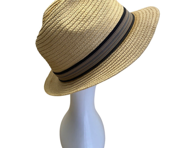 Mens Dorfman Pacific Co. Straw Fedora Hat With Black & Beige Striped Band