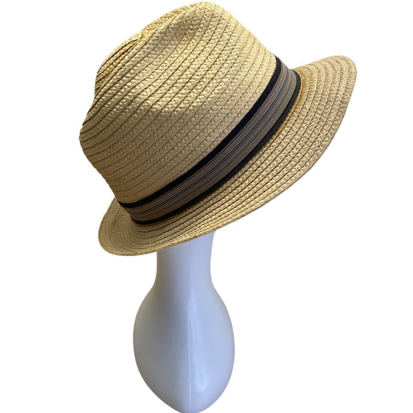 Mens Dorfman Pacific Co. Straw Fedora Hat With Black & Beige Striped Band