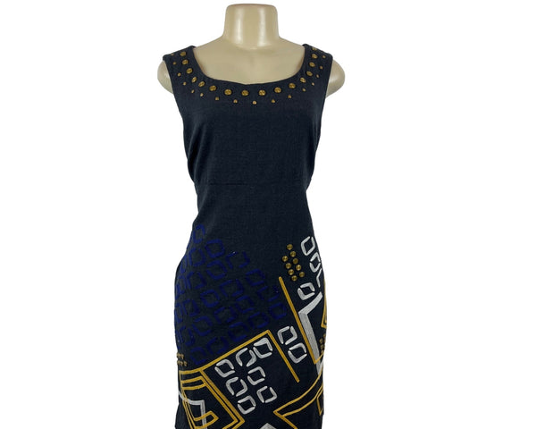 DKNY Womens Sleeveless Wool Dress Black w Studded Neckline Sz 12