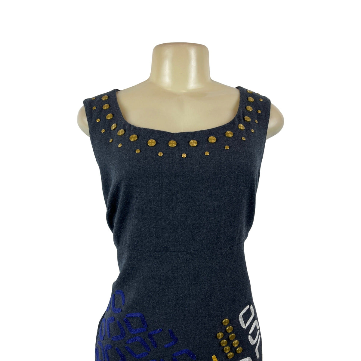 DKNY Womens Sleeveless Wool Dress Black w Studded Neckline Sz 12