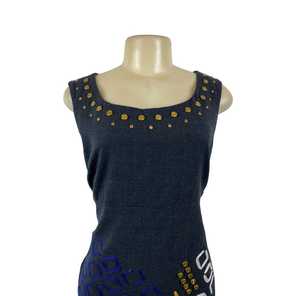 DKNY Womens Sleeveless Wool Dress Black w Studded Neckline Sz 12