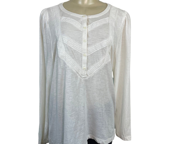 Loft Women’s White Long Sleeve Lace Detail Henley Blouse Sz XL - New