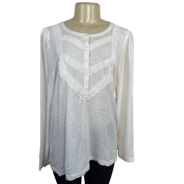 Loft Women’s White Long Sleeve Lace Detail Henley Blouse Sz XL - New