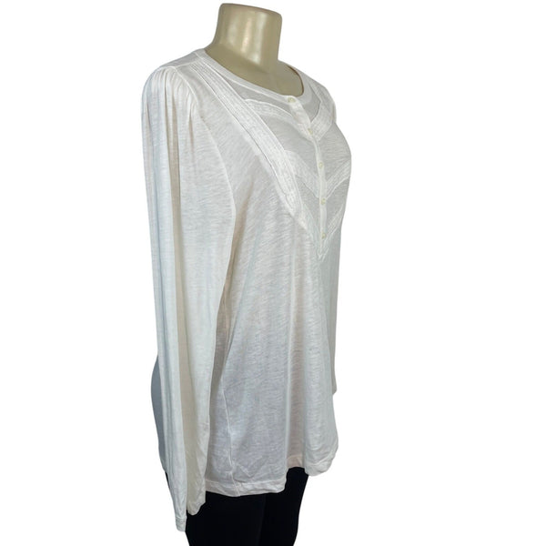 Loft Women’s White Long Sleeve Lace Detail Henley Blouse Sz XL - New