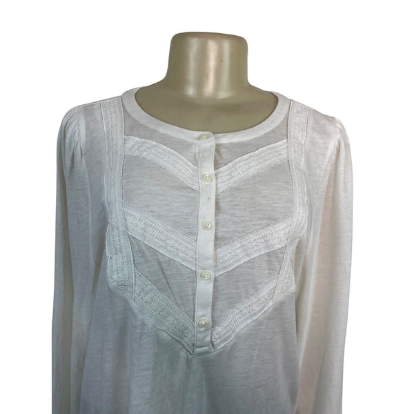Loft Women’s White Long Sleeve Lace Detail Henley Blouse Sz XL - New