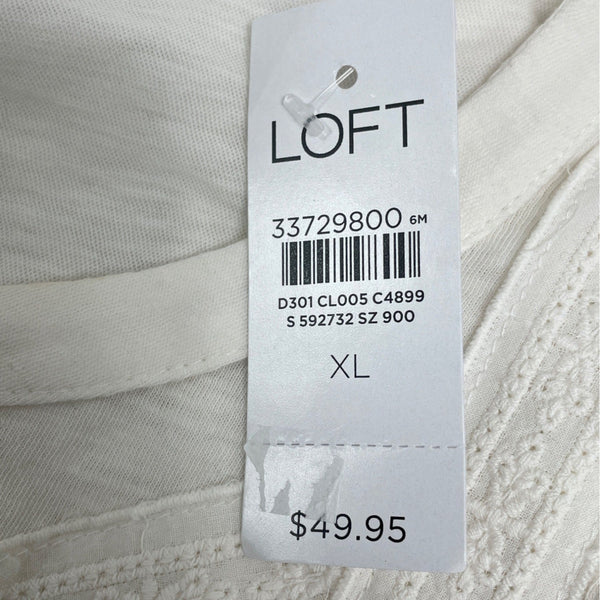 Loft Women’s White Long Sleeve Lace Detail Henley Blouse Sz XL - New