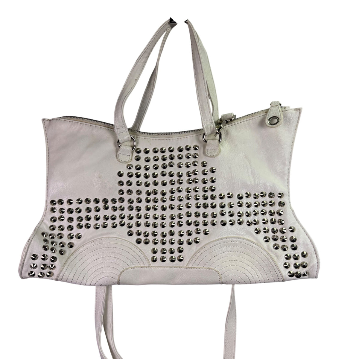 Nicole Lee Womens White Studded Faux Leather Tote & Crossbody Bag Large Dual Straps