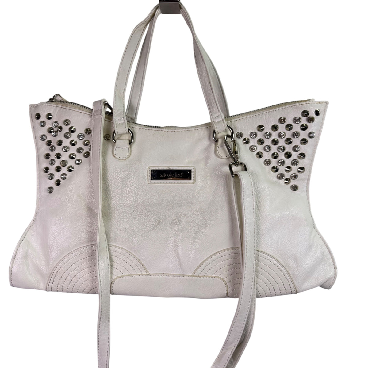 Nicole Lee Womens White Studded Faux Leather Tote & Crossbody Bag Large Dual Straps