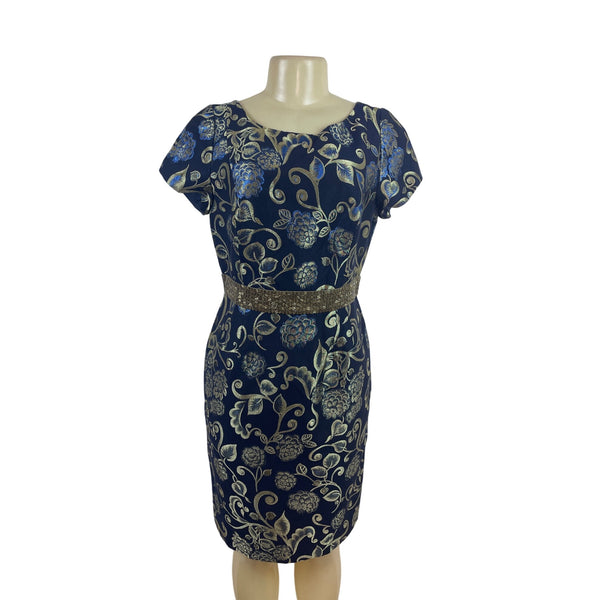 Carmen Marc Valvo Blue & Gold Floral Cocktail Dress With Beaded Waistband Sz 10