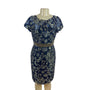 Carmen Marc Valvo Blue & Gold Floral Cocktail Dress With Beaded Waistband Sz 10