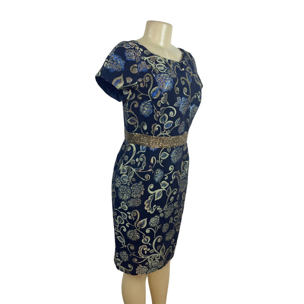 Carmen Marc Valvo Blue & Gold Floral Cocktail Dress With Beaded Waistband Sz 10