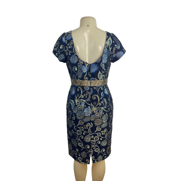 Carmen Marc Valvo Blue & Gold Floral Cocktail Dress With Beaded Waistband Sz 10