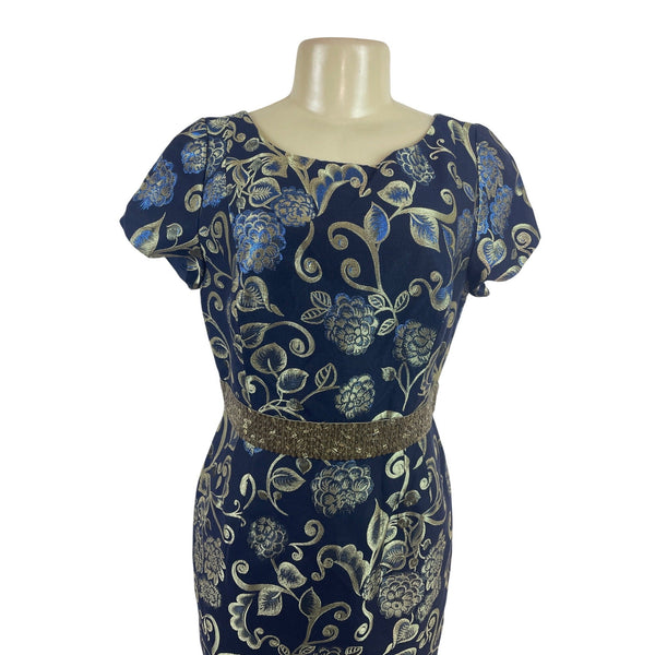 Carmen Marc Valvo Blue & Gold Floral Cocktail Dress With Beaded Waistband Sz 10