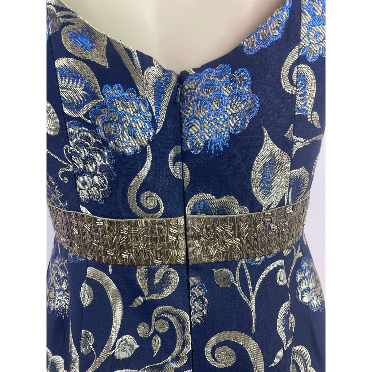 Carmen Marc Valvo Blue & Gold Floral Cocktail Dress With Beaded Waistband Sz 10