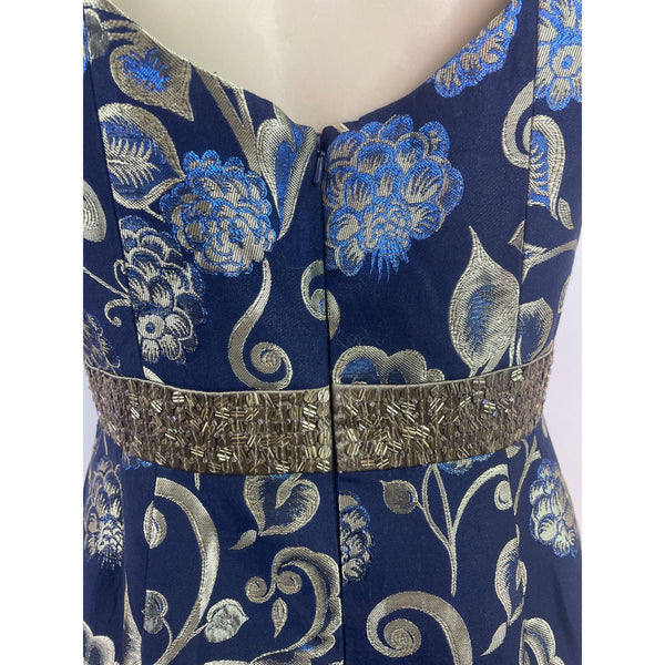 Carmen Marc Valvo Blue & Gold Floral Cocktail Dress With Beaded Waistband Sz 10