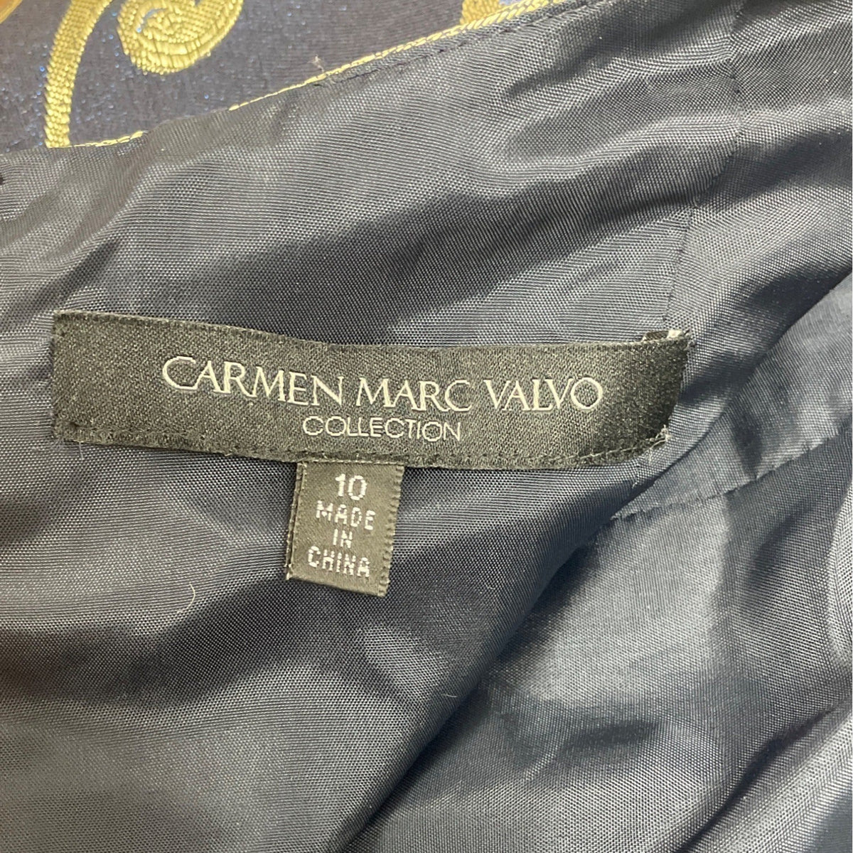 Carmen Marc Valvo Blue & Gold Floral Cocktail Dress With Beaded Waistband Sz 10