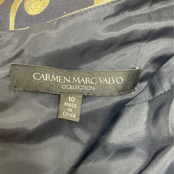 Carmen Marc Valvo Blue & Gold Floral Cocktail Dress With Beaded Waistband Sz 10