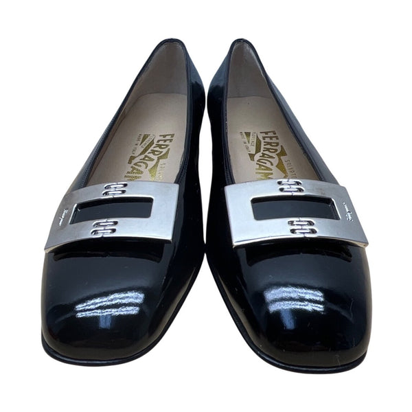 Salvatore Ferragamo Womens Black Patent Leather Silver Buckle Loafers Sz 5.5 B