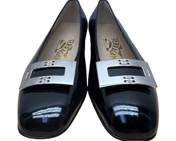 Salvatore Ferragamo Womens Black Patent Leather Silver Buckle Loafers Sz 5.5 B