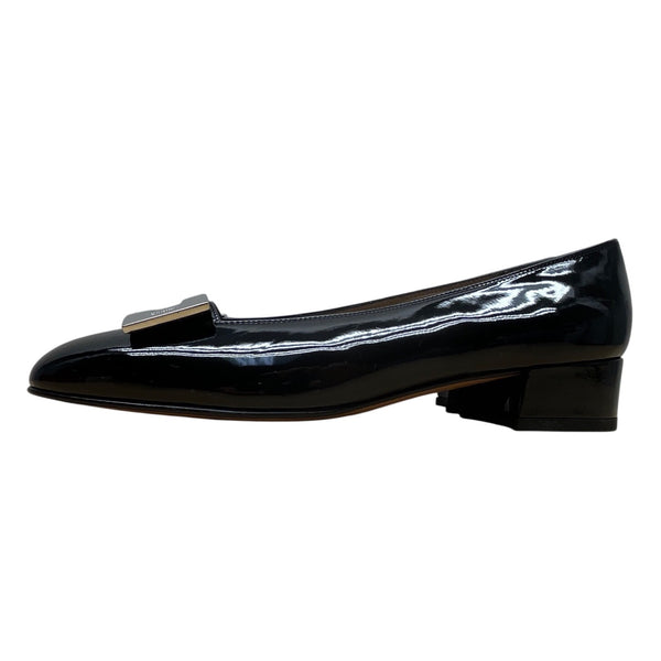 Salvatore Ferragamo Womens Black Patent Leather Silver Buckle Loafers Sz 5.5 B