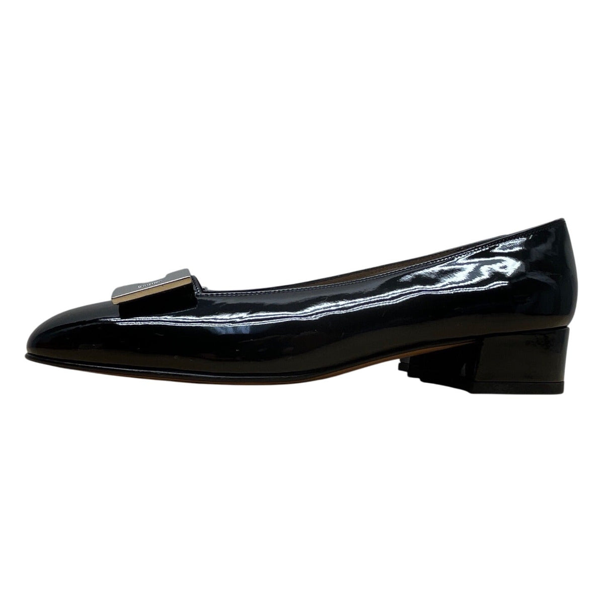 Salvatore Ferragamo Womens Black Patent Leather Silver Buckle Loafers Sz 5.5 B