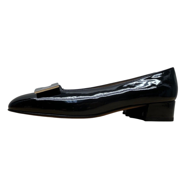 Salvatore Ferragamo Womens Black Patent Leather Silver Buckle Loafers Sz 5.5 B
