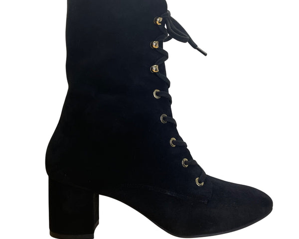 Stuart Weitzman Black Suede Block Heel Lace-Up Ankle Boots Size 9B - New