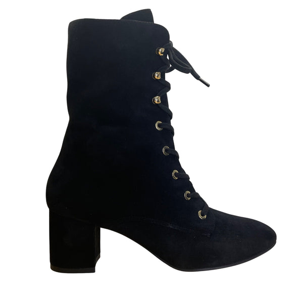 Stuart Weitzman Black Suede Block Heel Lace-Up Ankle Boots Size 9B - New