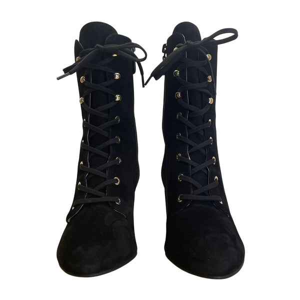 Stuart Weitzman Black Suede Block Heel Lace-Up Ankle Boots Size 9B - New