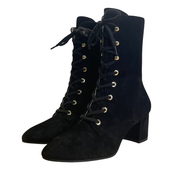 Stuart Weitzman Black Suede Block Heel Lace-Up Ankle Boots Size 9B - New