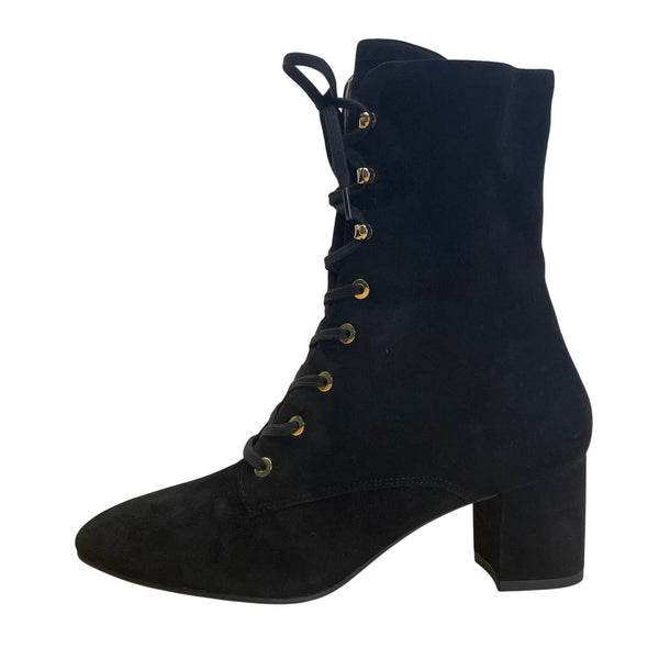 Stuart Weitzman Black Suede Block Heel Lace-Up Ankle Boots Size 9B - New
